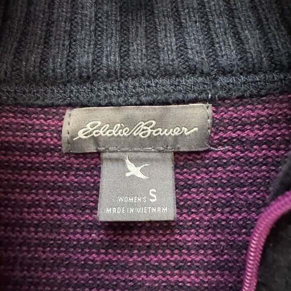 Eddie Bauer Women’s S Purple Black Striped Full Zip Up Sweater Jacket Mock Neck - Picture 3 of 8